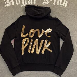 Victoria’s Secret PINK Gold Sequin Bling Signature Script Full Zip Hoodie Medium